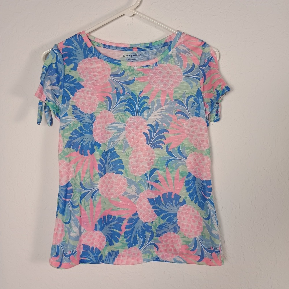Casey Key Petite Small Pink Blue Green Pineapple Tropical‎ Cold Shoulder Tie...